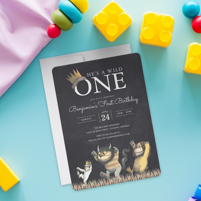 Where the Wild Things Are Chalkboard 1st Birthday  Invitation (Card on table)