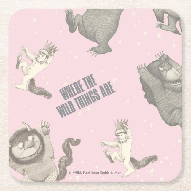 Where the Wild Things Are Pink Star Pattern Square Paper Coaster (Front)