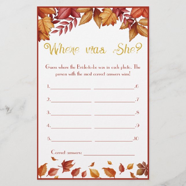 Where was She? Autumn Bridal Shower Game Flyer (Front)