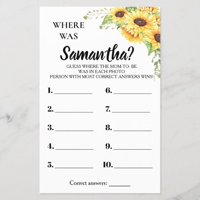 Where was She Baby shower bilingual game card (Front)