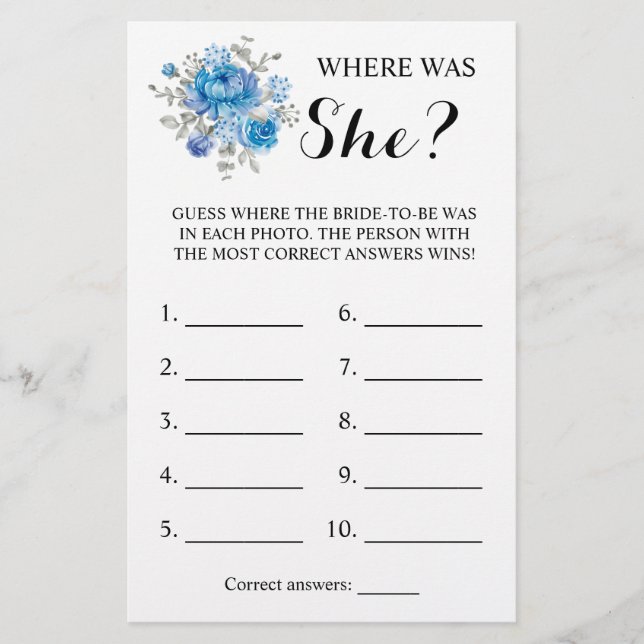 Where was She? Blue Flower Shower Game Card (Front)