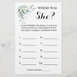 Where was She?Greenery eucalyptus Shower Game Card