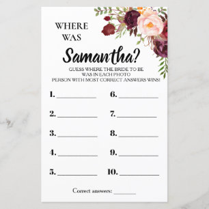 Where was She Marsala Flowers Bridal Shower Game