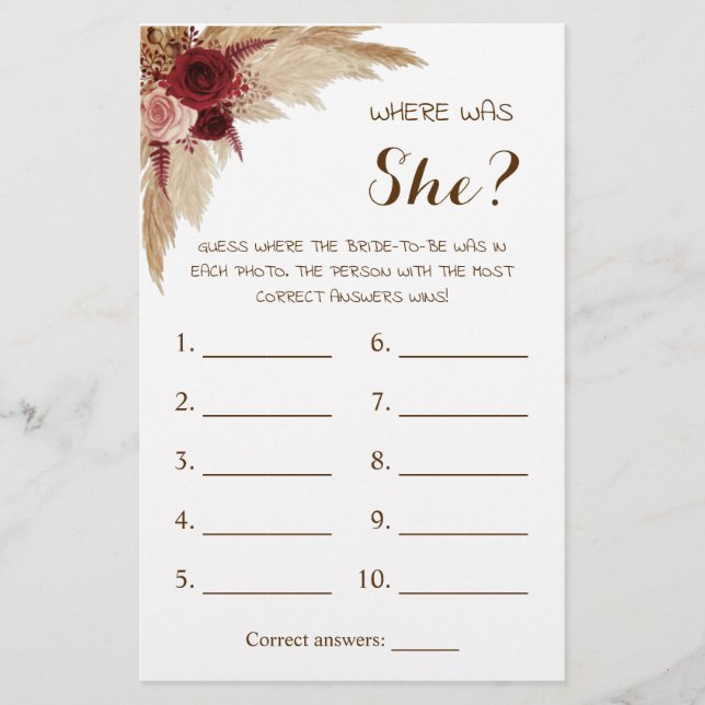 Where was She? Pampas Grass Shower Game Card (Front)