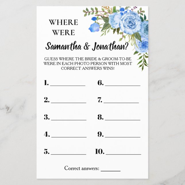 Where were They Bridal Shower bilingual game card (Front)