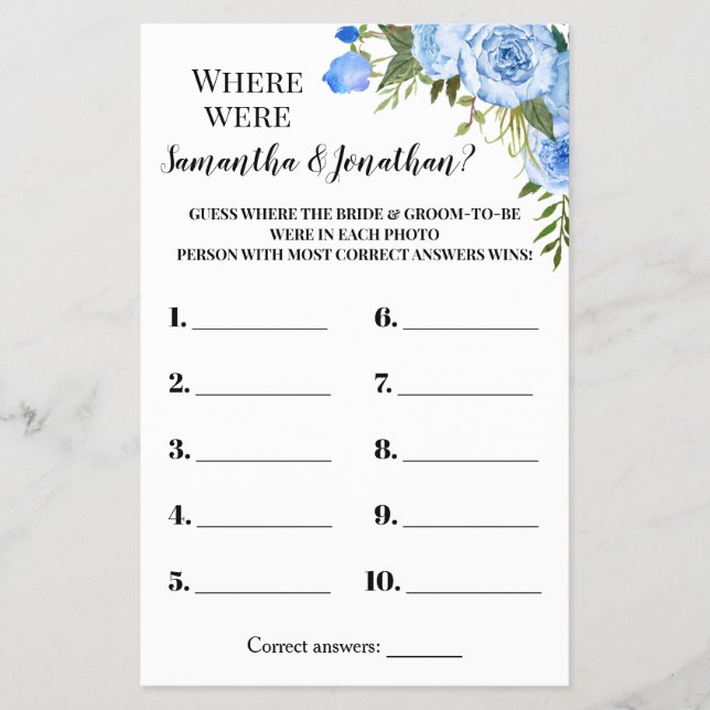 Where were they Bridal Shower Blue Game Card (Front)