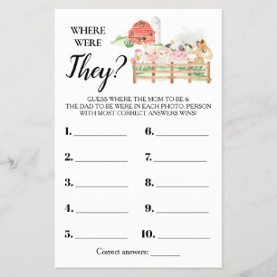 Where were They Farm Baby Shower Game Card