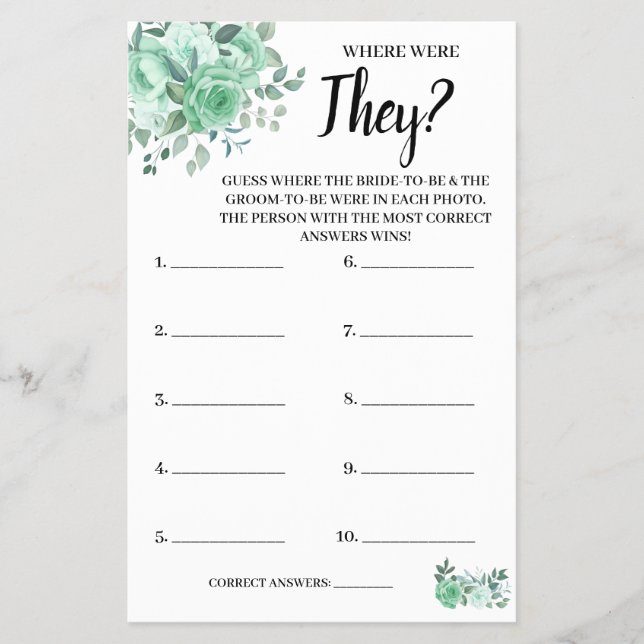 Where were They GreenRoses Bridal Shower Game Card (Front)