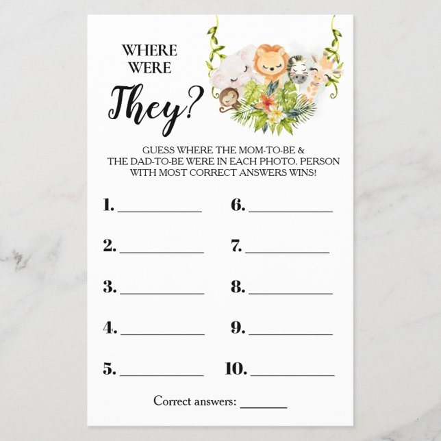 Where were They Jungle Baby Shower Game Card (Front)