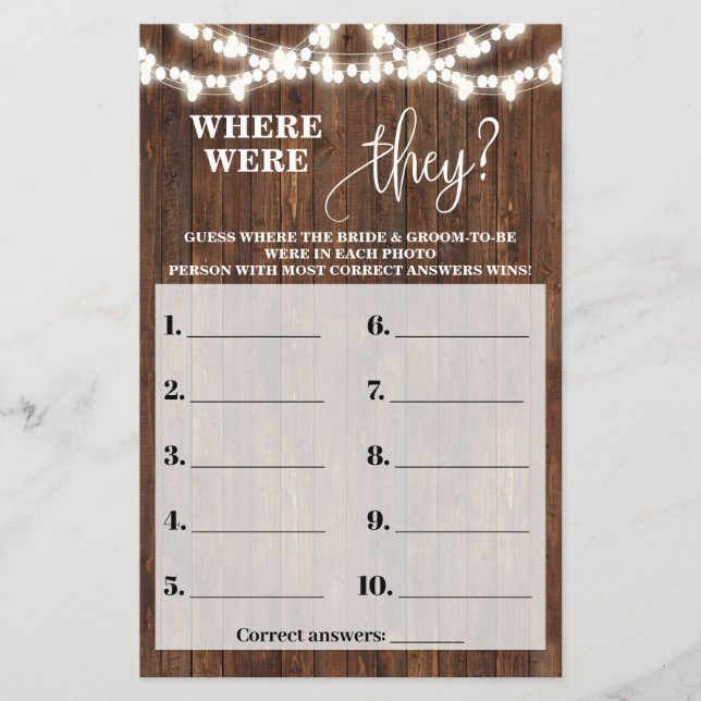 Where Were They Western Bridal Shower Game Card (Front)