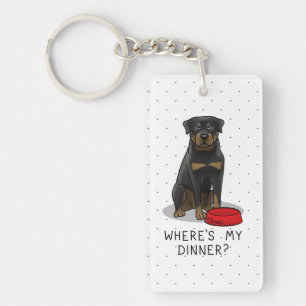 Where's My Dinner? Rottweiler with Red Dog Dish Keychain