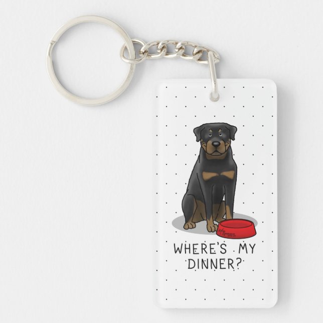 Where's My Dinner? Rottweiler with Red Dog Dish Keychain (Front)