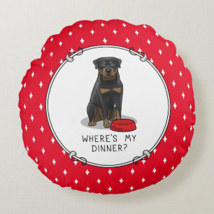 Where's My Dinner? Rottweiler with Red Dog Dish Round Pillow