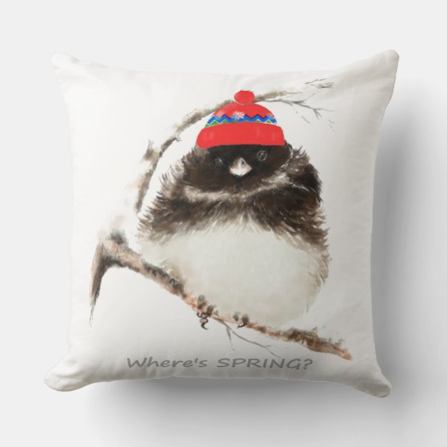 Where's Spring Funny Sarcastic Watercolor Junco cu Throw Pillow (Front)