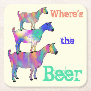 Wheres the Beer Funny Colourful Artsy Goats Humour Square Paper Coaster