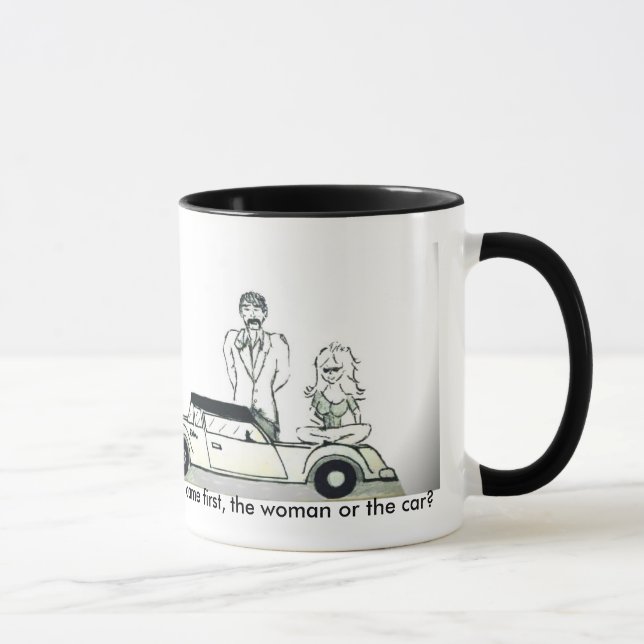 Which came first, the woman or the car? mug (Right)