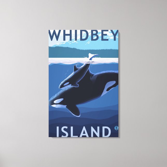Whidbey Island, WashingtonOrca and Calf Canvas Print (Front)