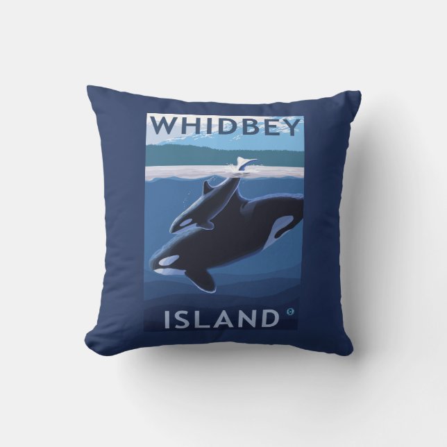 Whidbey Island, WashingtonOrca and Calf Throw Pillow (Front)