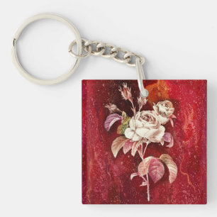 Whie Roses on Deep Red Textured Backdrop Keychain