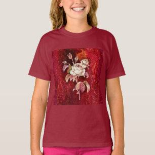 Whie Roses on Deep Red Textured Backdrop T-Shirt