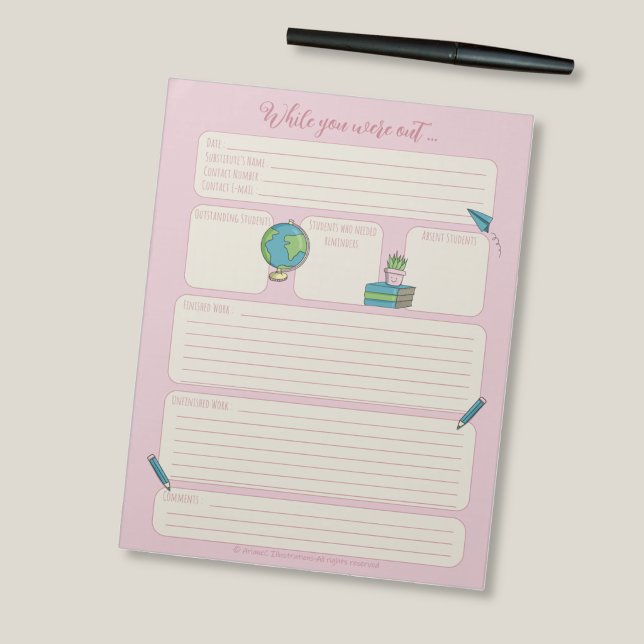 While You Were Out Sub Teacher Feedback Pink Notepad (While you were out sub teacher  feedback pink notepad .)