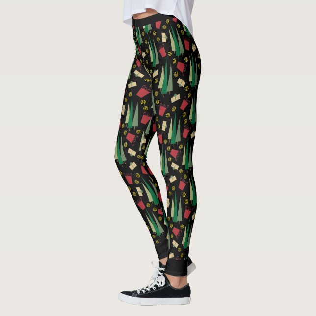 Whimiscal Christmas Tree Pattern Black Leggings (Left)