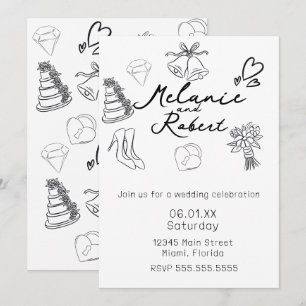Whimiscal Cute Doodles Black White Wedding Save The Date