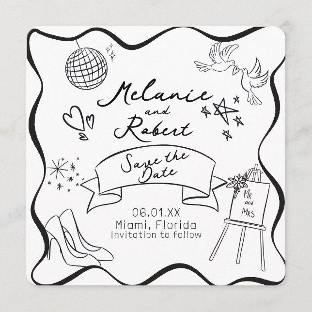 Whimiscal Doodles Black White Frame Save the Date Invitation (Front)