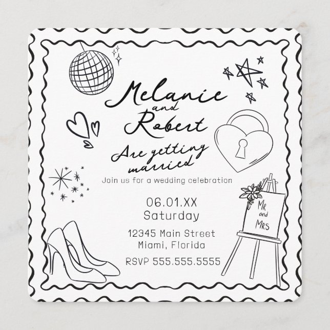 Whimiscal Doodles Black White Frame Wedding Invitation (Front)