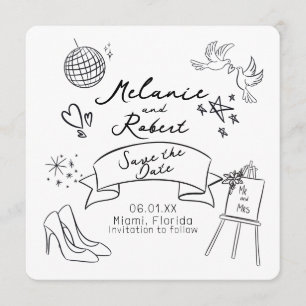 Whimiscal Doodles Black White Save the Date Invitation