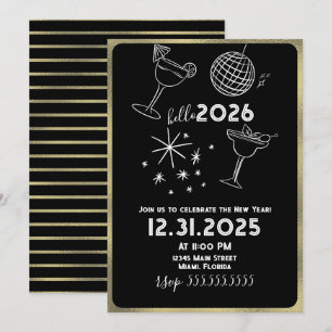 Whimiscal Doodles Hello 2026 New Years Gold Holiday Card