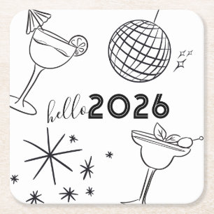 Whimiscal Doodles Hello 2026 New Years Gold Square Paper Coaster