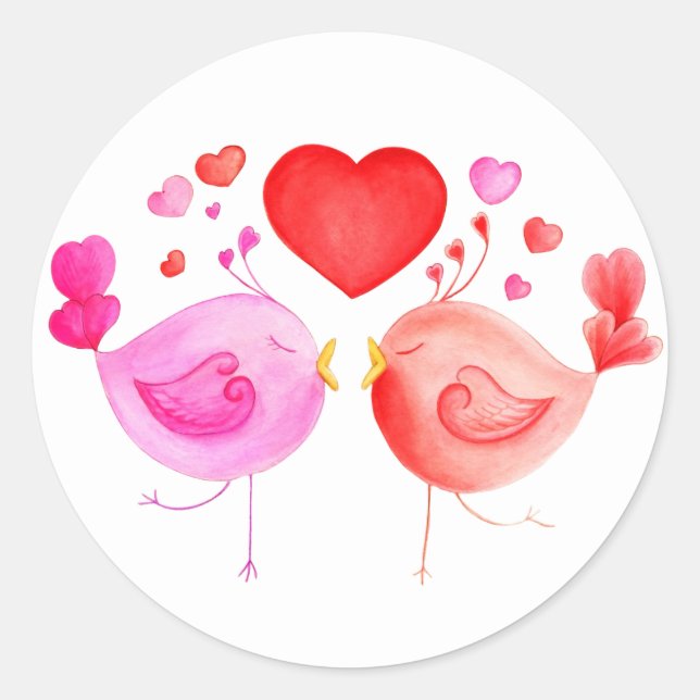 Whimiscal love birds hearts pink red white sticker (Front)