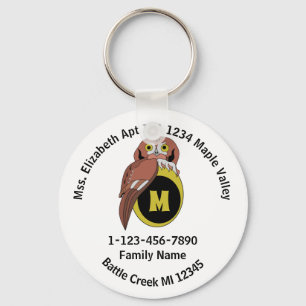 Whimiscal Owl Monogram Lost Family Home Address Keychain