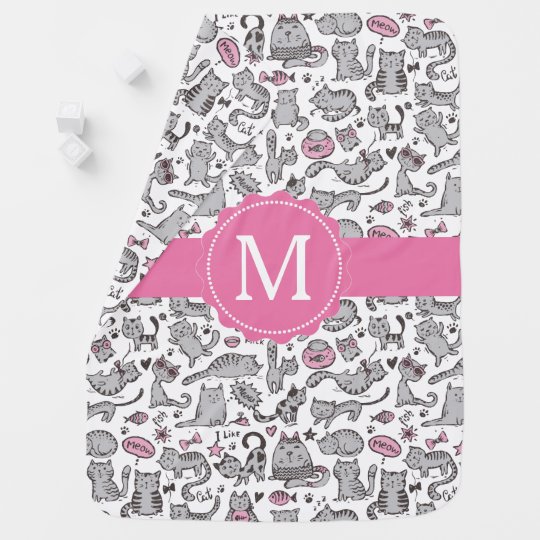 Whimiscal Pink and Grey Cartoon Cat Gift Ideas Baby Blanket
