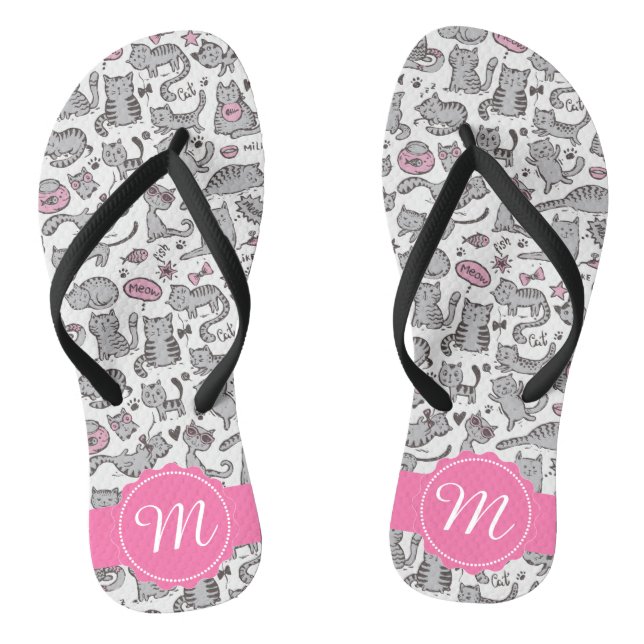 Whimiscal Pink and Grey Cartoon Cat Gift Ideas Flip Flops (Footbed)