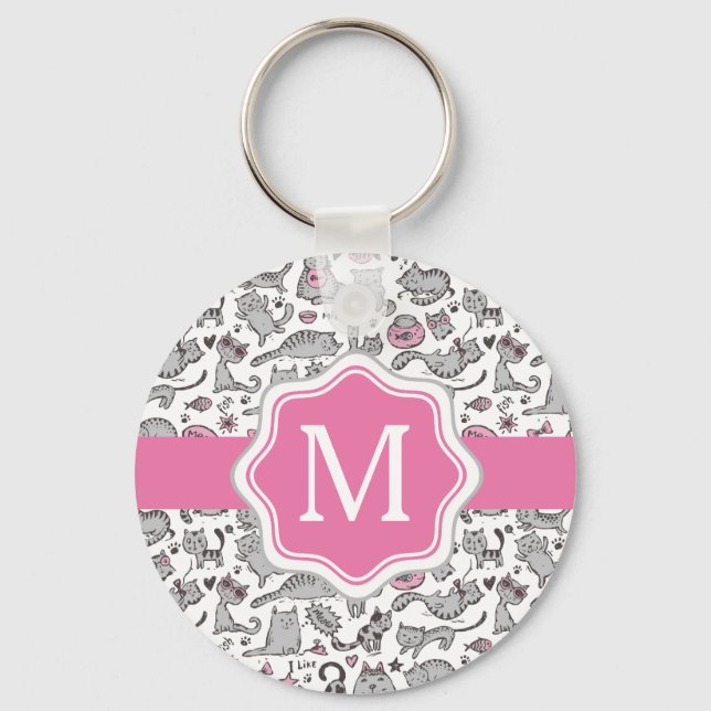 Whimiscal Pink and Grey Cartoon Cat Gift Ideas Keychain (Front)