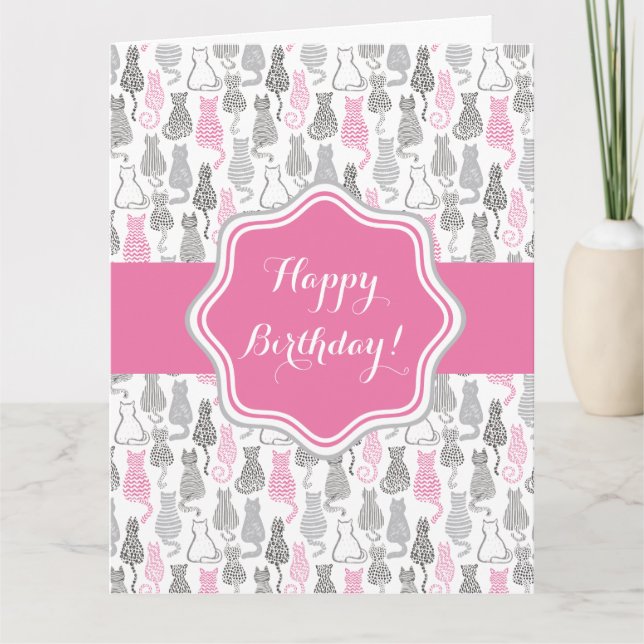 Whimiscal Pink and Grey Sketch Cat Gift Ideas Card (Front)