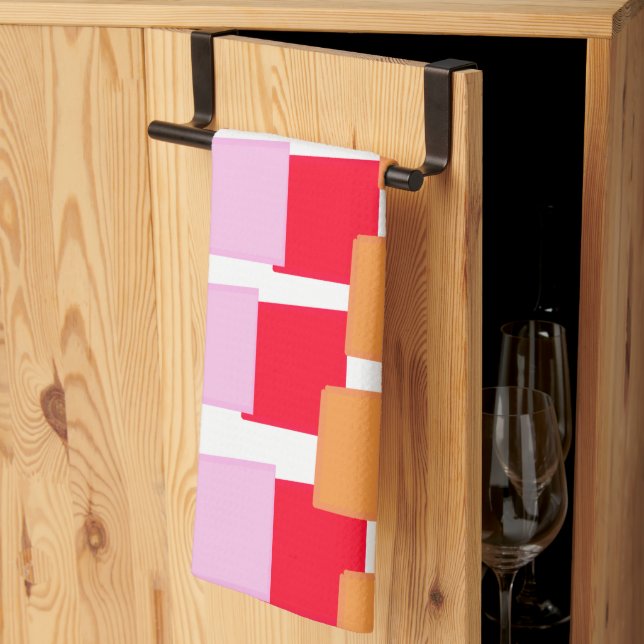 Whimiscal Squares Red Orange Pink  Kitchen Towel (Thirds Fold)