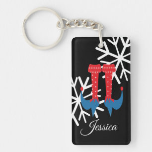 Whimisical Christmas Elf Feet Snowflakes Stocking Keychain