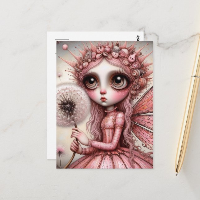Whimisical Pink Dandelion Fairy Postcard (Front/Back In Situ)