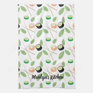 Whimisical Sushi Rolls and Chopsticks Greenery Kitchen Towel