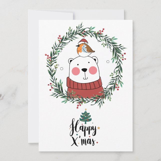Whimscal Christmas Bear And Santa Bird Holiday Card (Front)
