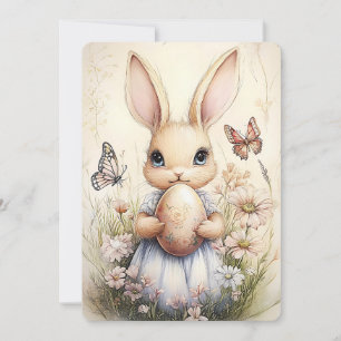 Whimscal Easter Bunny Holding Egg in Wildflowers Holiday Card