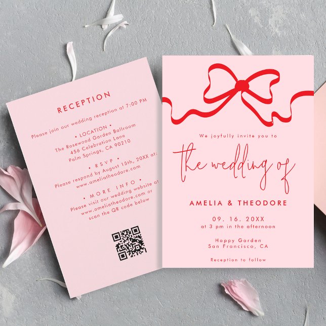 Whimsica Pink Red Bow QR Code Reception Wedding Invitation (Creator Uploaded)