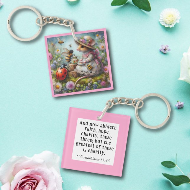Whimsical 1 Corinthians 13:13 Scripture Cute Mouse Keychain (Creator Uploaded)