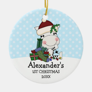 Whimsical 1st Christmas Santa Zebra Personalized Ceramic Ornament