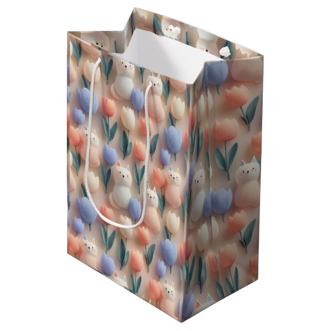 Whimsical 3D Cat and Tulip Seamless Pattern Medium Gift Bag (Front Angled)