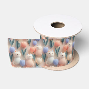 Whimsical 3D Cat and Tulip Seamless Pattern Satin Ribbon