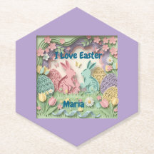 Whimsical 3D Paper Cut Bunny & Easter Eggs Coaster